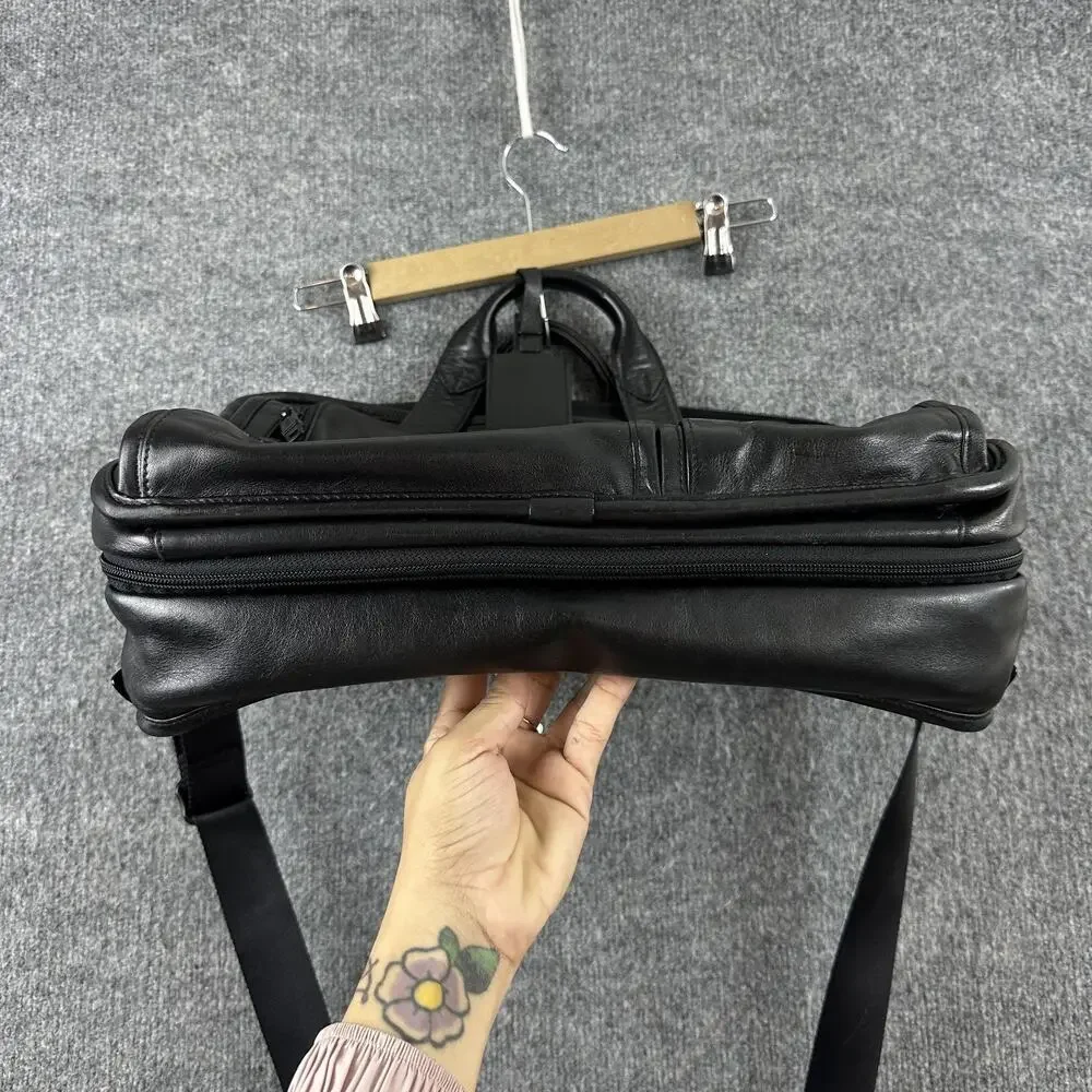 Tumi Expandable Organizer Laptop Briefcase Black Leather Adjustable Strap Office